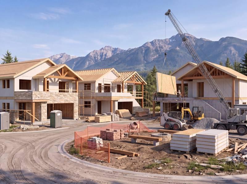 A row of multiplex homes under construction with a crane and mountain range behind