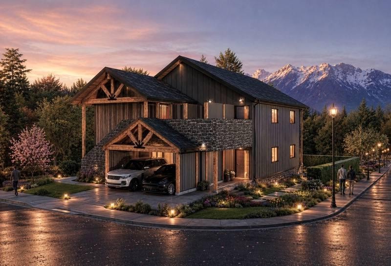 A finished mountain home with warm lighting at dusk, garage and stone facade, mountains behind